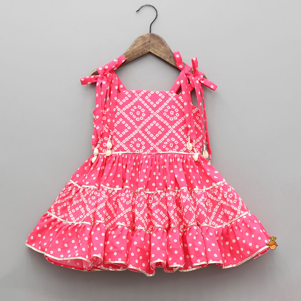 Pre Order: Bandhani Printed And Gota Lace Detailed Tiered Dress