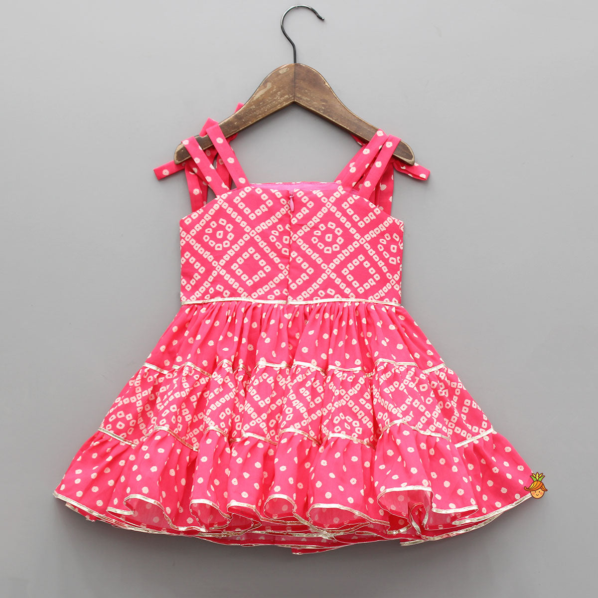 Pre Order: Bandhani Printed And Gota Lace Detailed Tiered Dress
