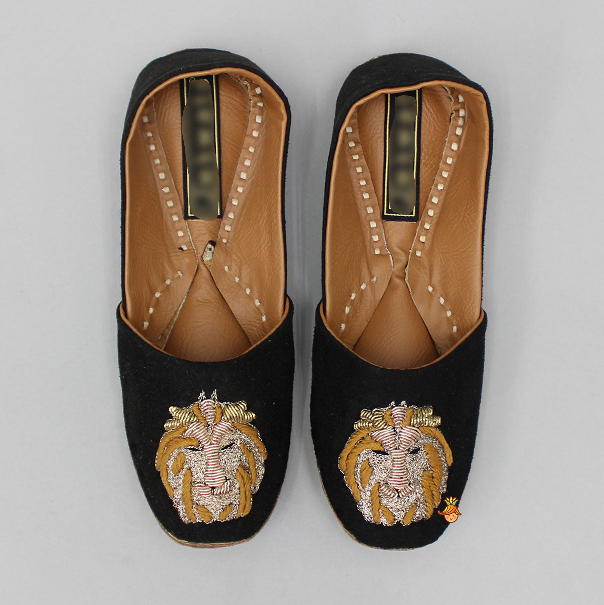 Zari And Thread Embroidered Lion Face Black Jutti