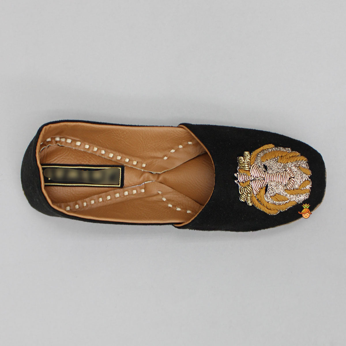 Zari And Thread Embroidered Lion Face Black Jutti