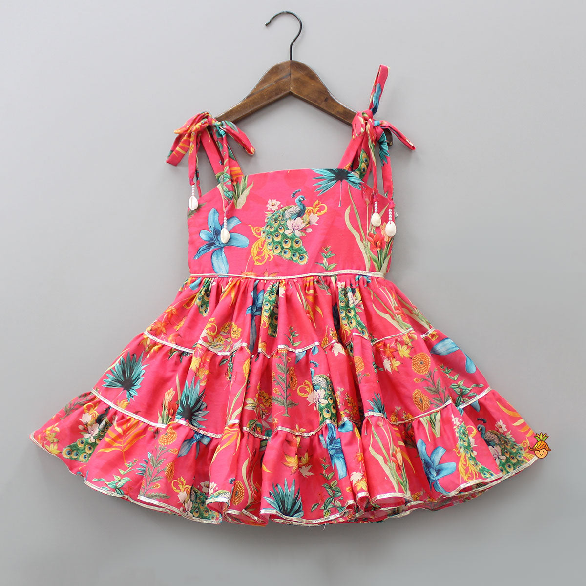 Pre Order: Peacock Printed And Gota Lace Detailed Knee Length Tiered Dress