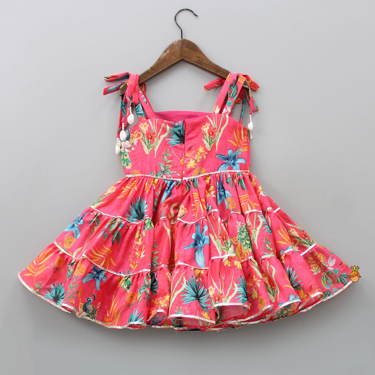 Pre Order: Peacock Printed And Gota Lace Detailed Knee Length Tiered Dress