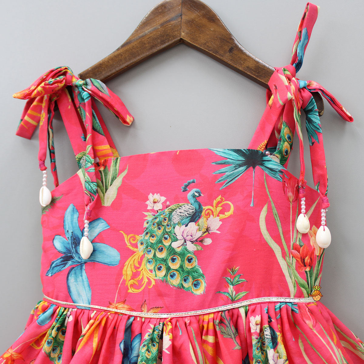 Pre Order: Peacock Printed And Gota Lace Detailed Knee Length Tiered Dress
