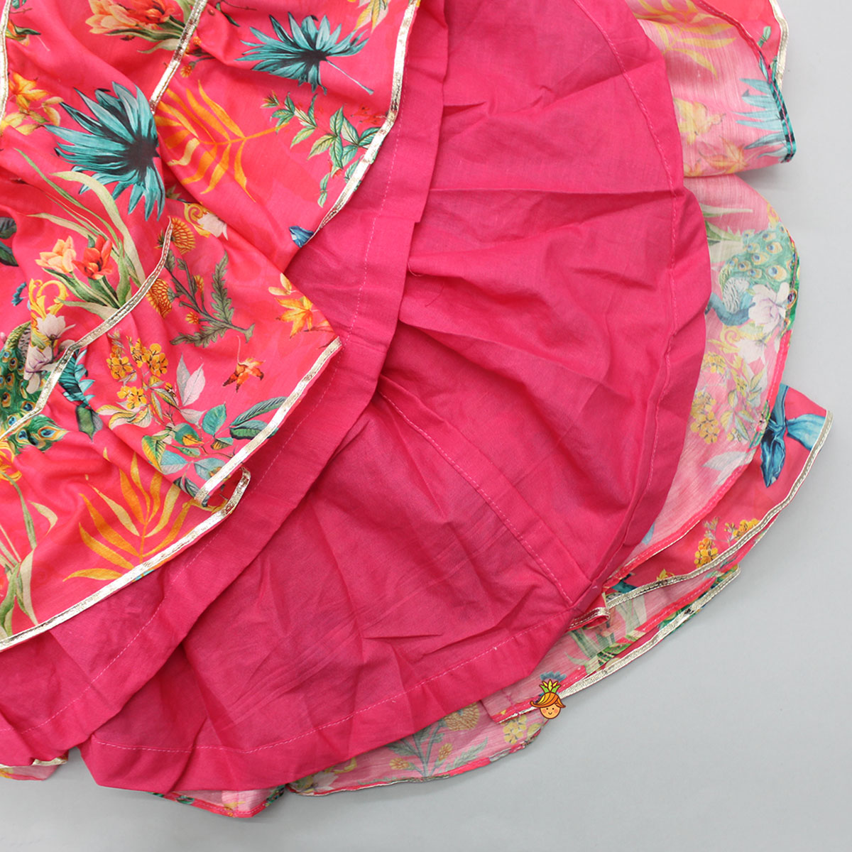 Pre Order: Peacock Printed And Gota Lace Detailed Knee Length Tiered Dress