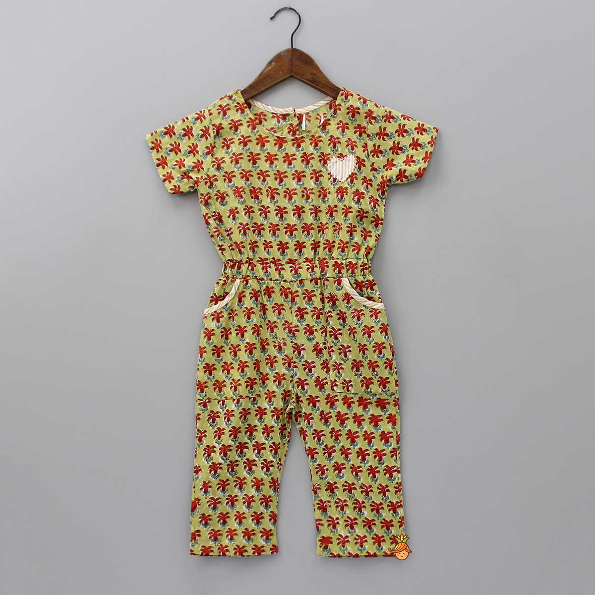 Pre Order: Hand Block Printed And Heart Patch Detailed Jumpsuit
