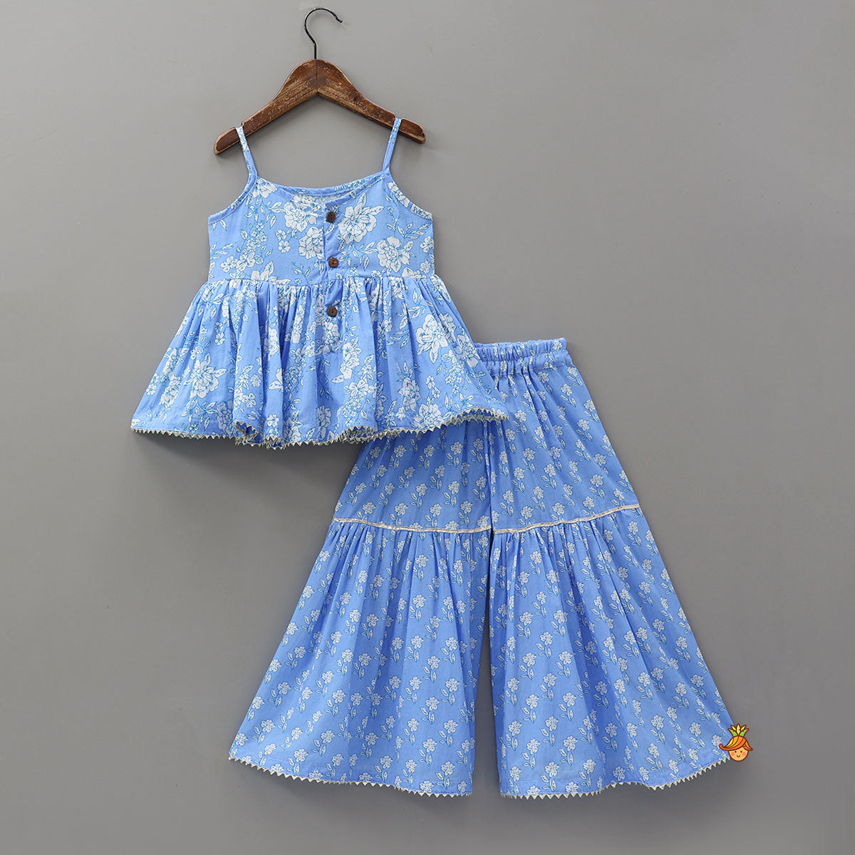 Pre Order: Gota Lace Detailed Floral Printed Powder Blue Top And Sharara