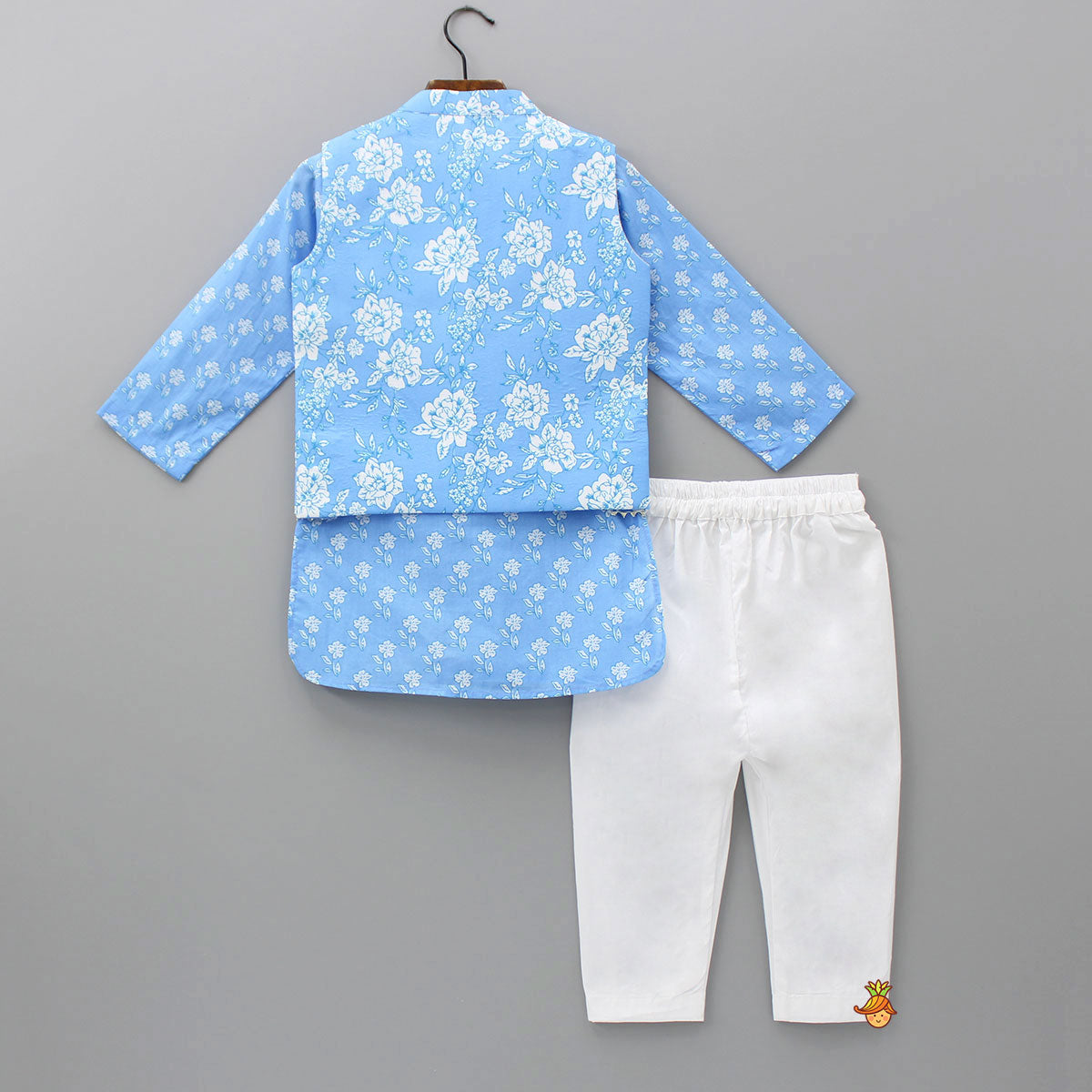 Pre Order: Gota Lace Detailed Powder Blue Ethnic Kurta With Floral Printed Jacket And Pyjama