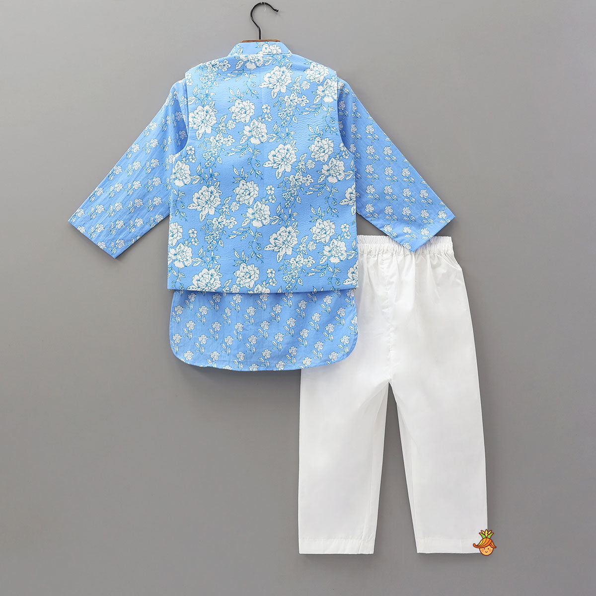 Pre Order: Gota Lace Detailed Powder Blue Ethnic Kurta With Floral Printed Jacket And Pyjama