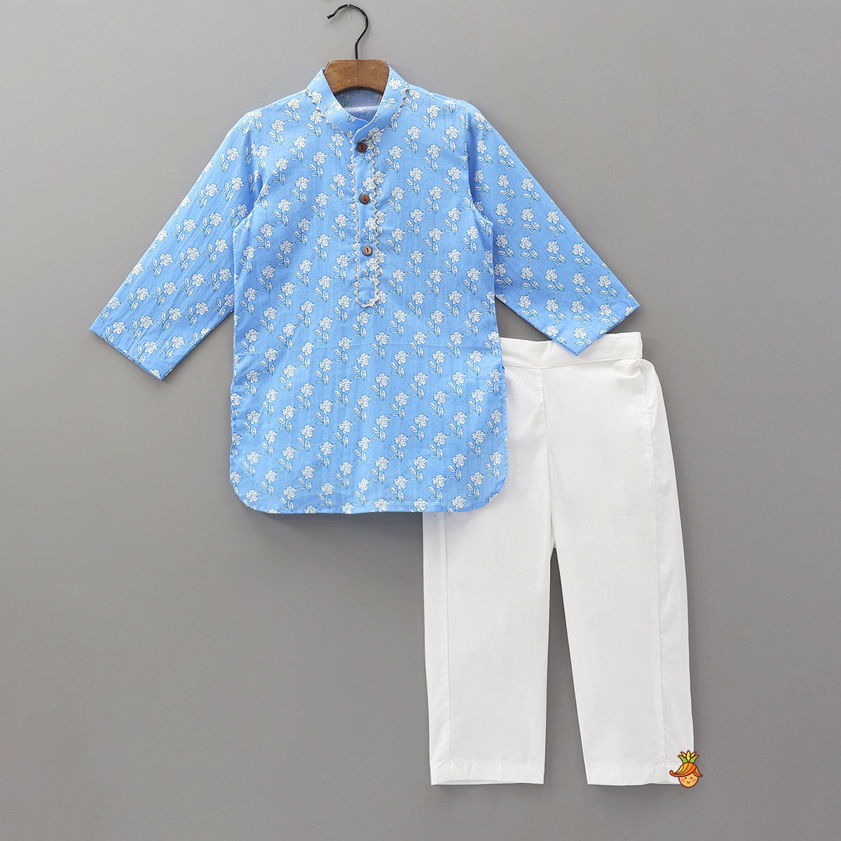 Pre Order: Gota Lace Detailed Powder Blue Ethnic Kurta With Floral Printed Jacket And Pyjama