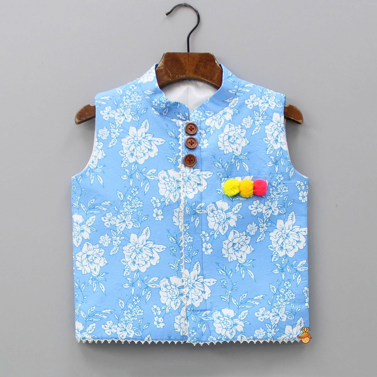 Pre Order: Gota Lace Detailed Powder Blue Ethnic Kurta With Floral Printed Jacket And Pyjama