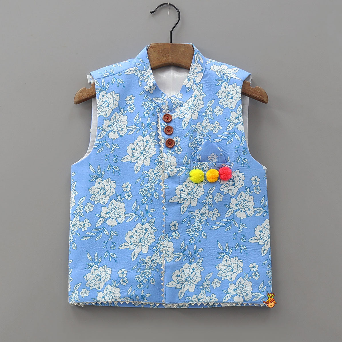 Pre Order: Gota Lace Detailed Powder Blue Ethnic Kurta With Floral Printed Jacket And Pyjama