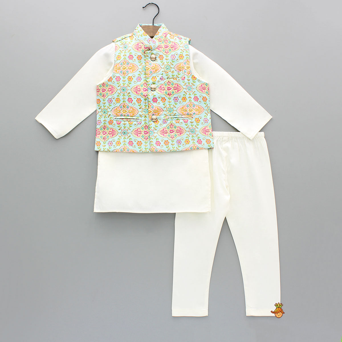 Pre Order: Zari Thread Embroidered And Floral Printed Ethnic Jacket With Off White Kurta And Pyjama