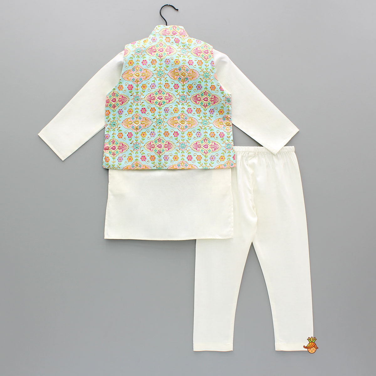 Pre Order: Zari Thread Embroidered And Floral Printed Ethnic Jacket With Off White Kurta And Pyjama