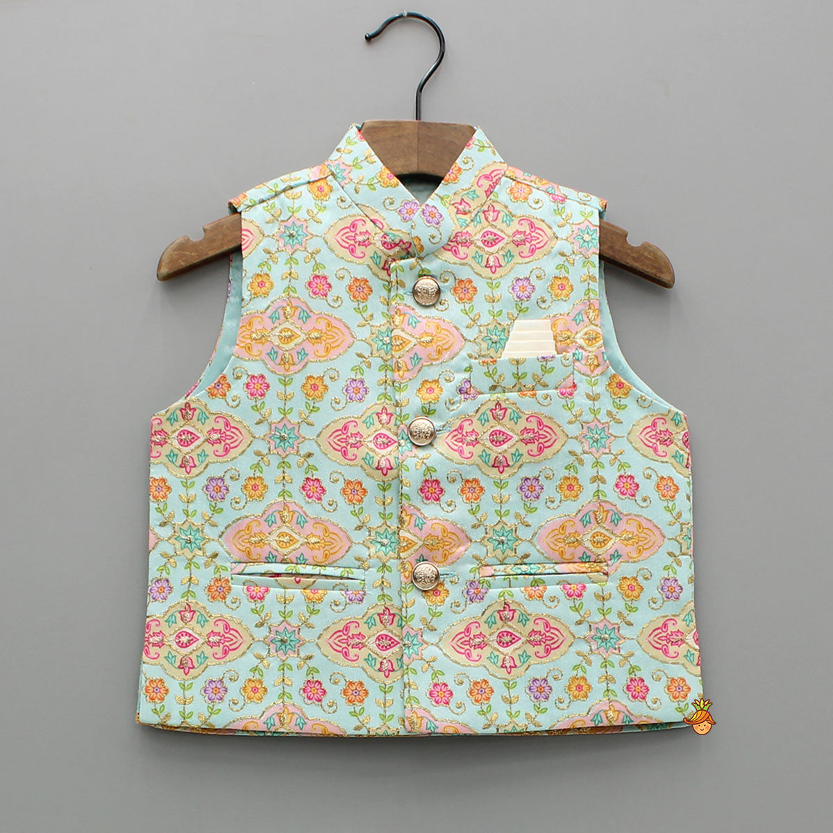 Pre Order: Zari Thread Embroidered And Floral Printed Ethnic Jacket With Off White Kurta And Pyjama