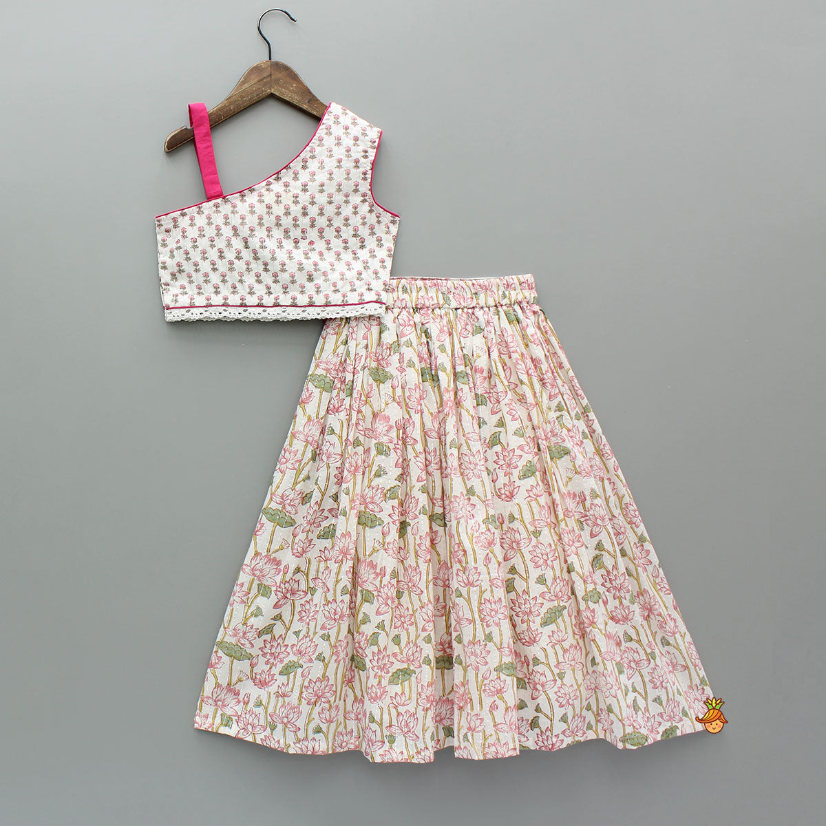 Pre Order: Lurex Striped Hand Block Floral Printed One Shoulder Top And Lehenga With Matching Dupatta