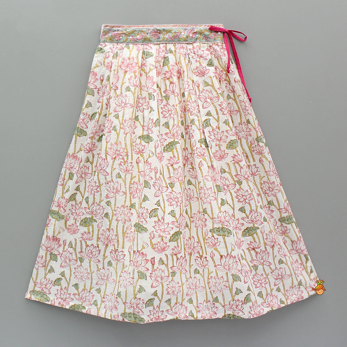 Pre Order: Lurex Striped Hand Block Floral Printed One Shoulder Top And Lehenga With Matching Dupatta