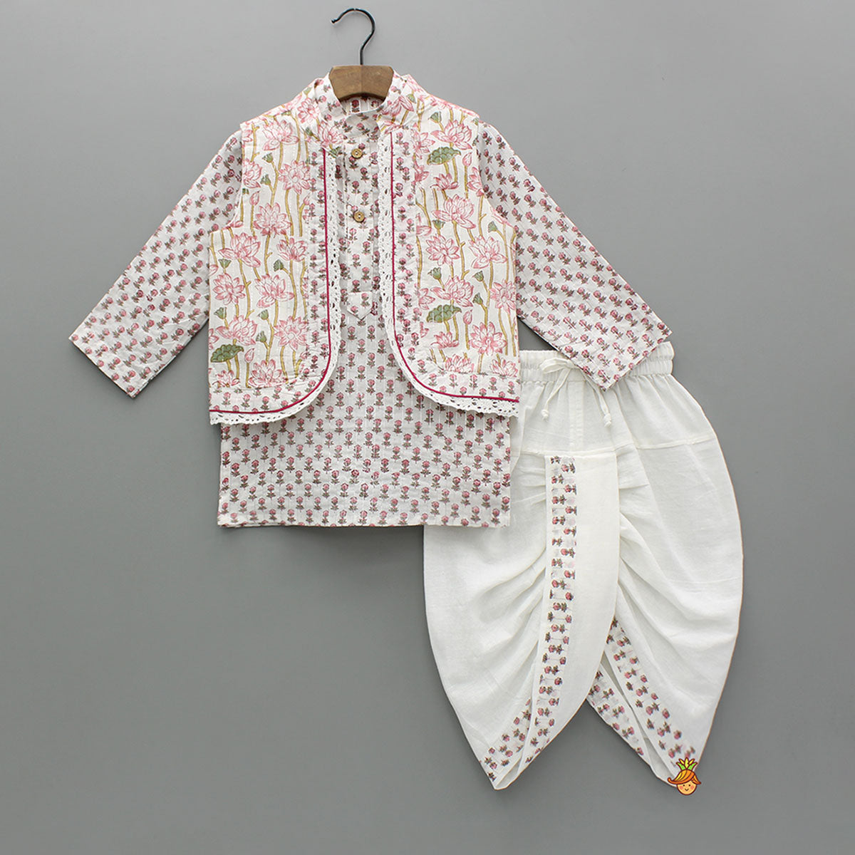 Pre Order: Lurex Striped Hand Block Printed Pink Ethnic Kurta With Open Jacket And Dhoti