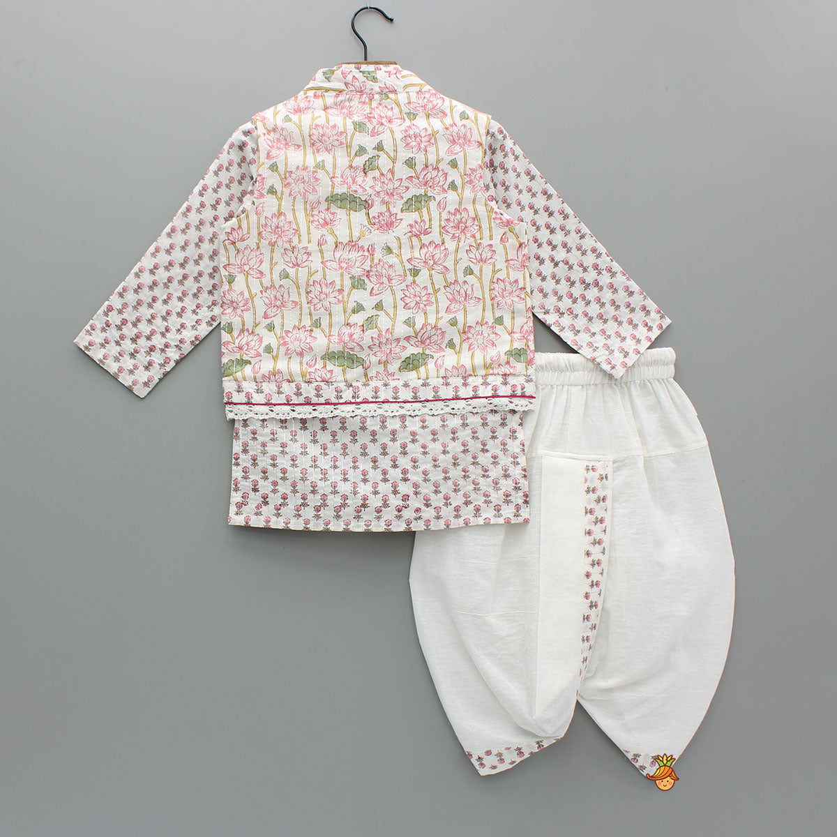 Pre Order: Lurex Striped Hand Block Printed Pink Ethnic Kurta With Open Jacket And Dhoti