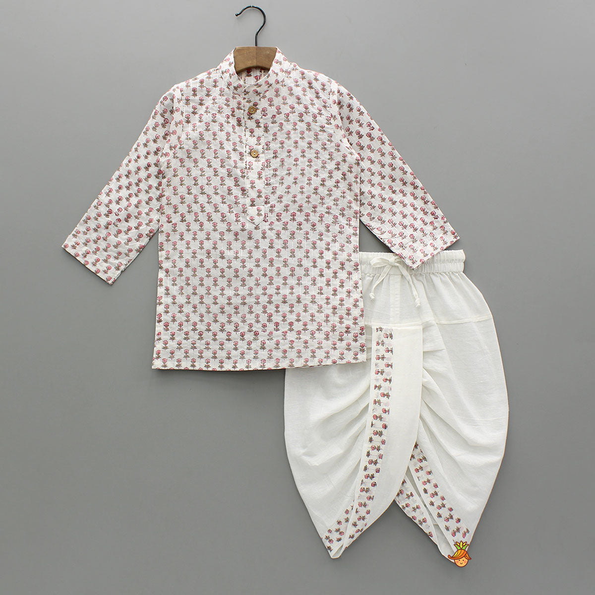 Pre Order: Lurex Striped Hand Block Printed Pink Ethnic Kurta With Open Jacket And Dhoti