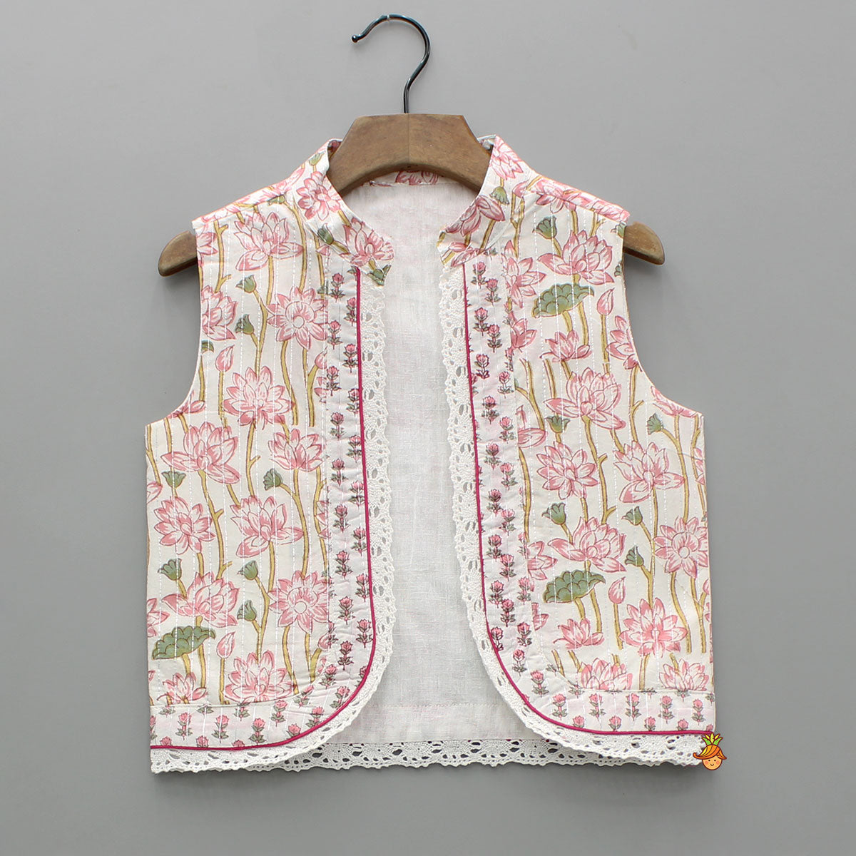 Pre Order: Lurex Striped Hand Block Printed Pink Ethnic Kurta With Open Jacket And Dhoti
