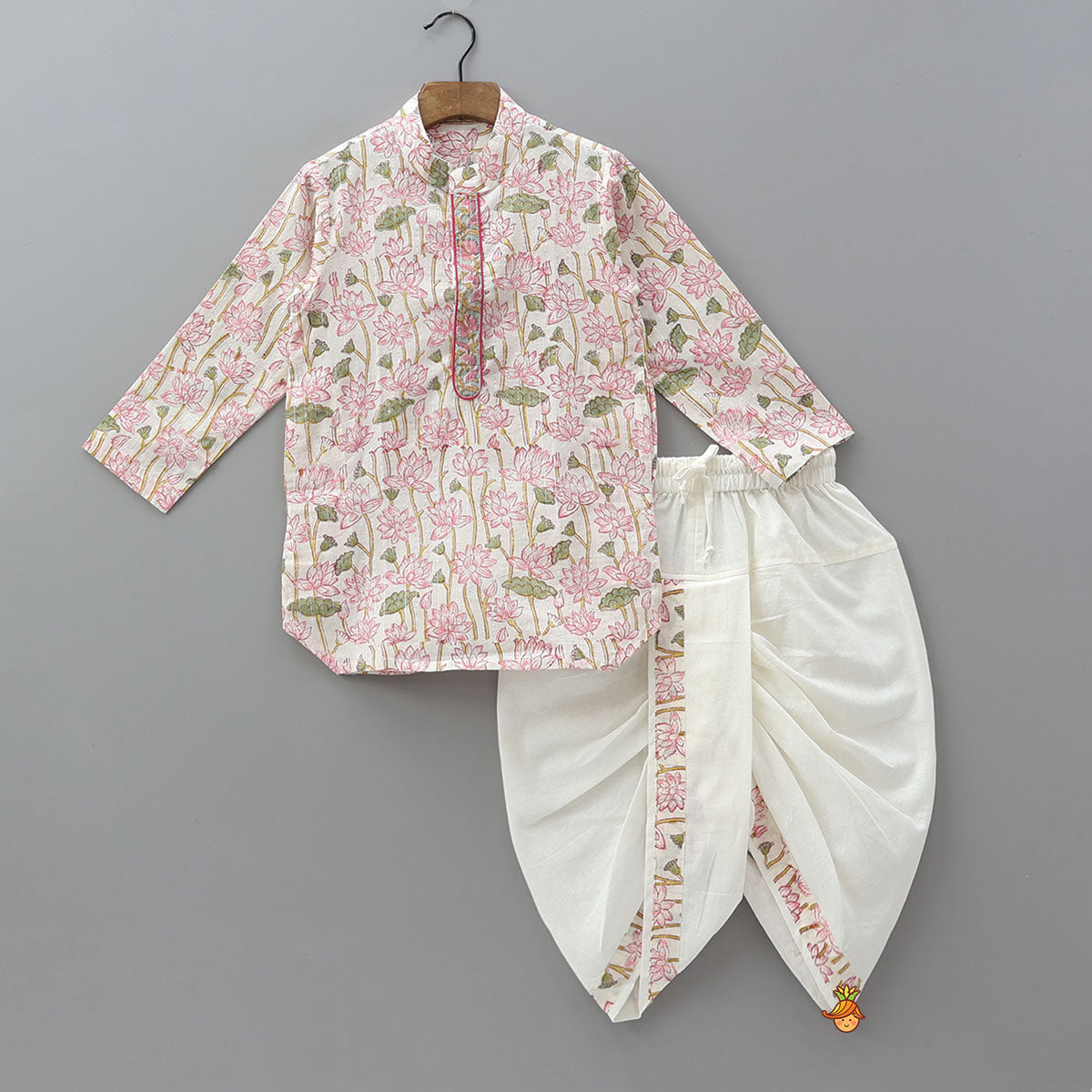 Pre Order: Lurex Striped Hand Block Floral Printed Stylish Pink Kurta And Dhoti