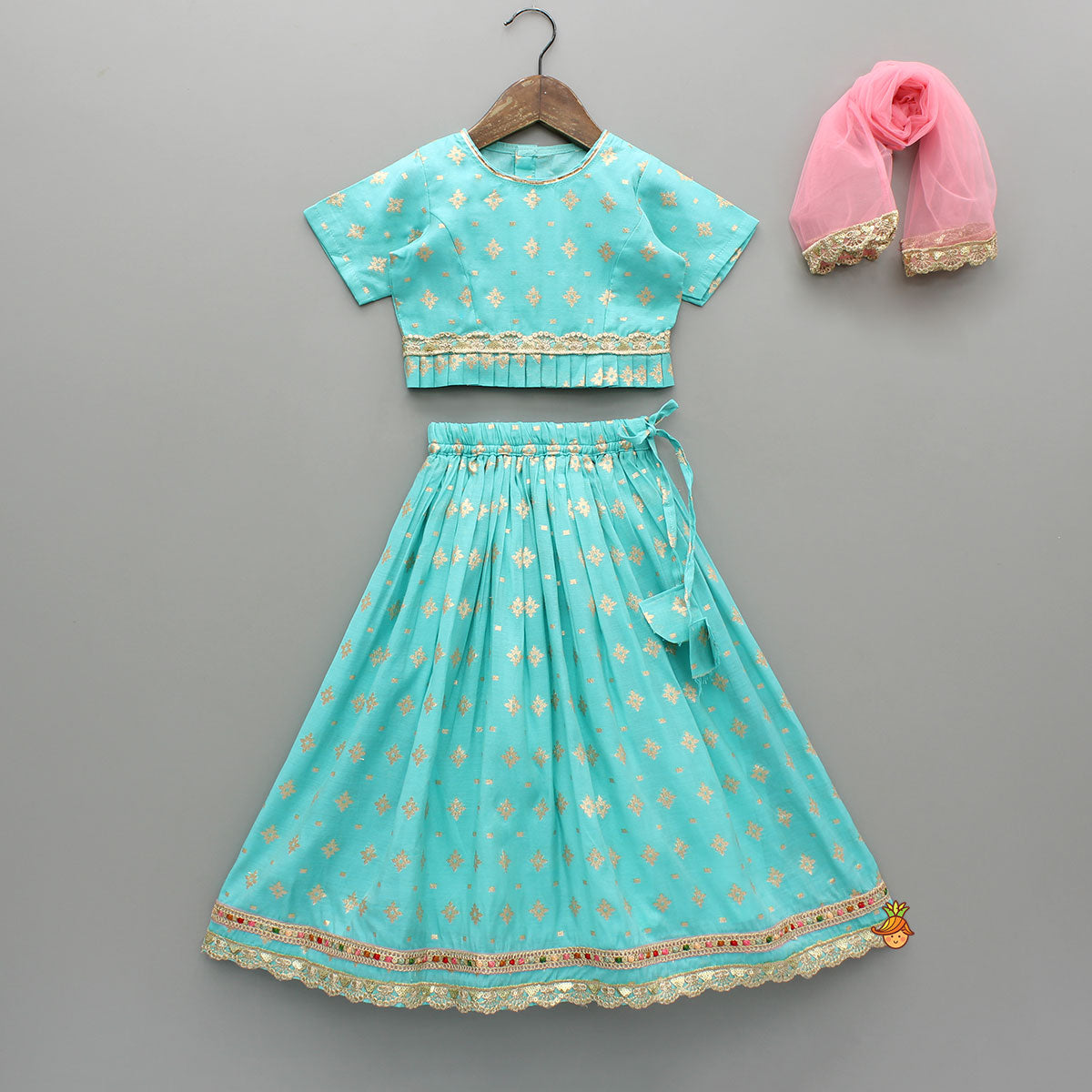Pre Order: Chanderi Embroidered Teal Green Top And Lehenga With Contrasting Dupatta
