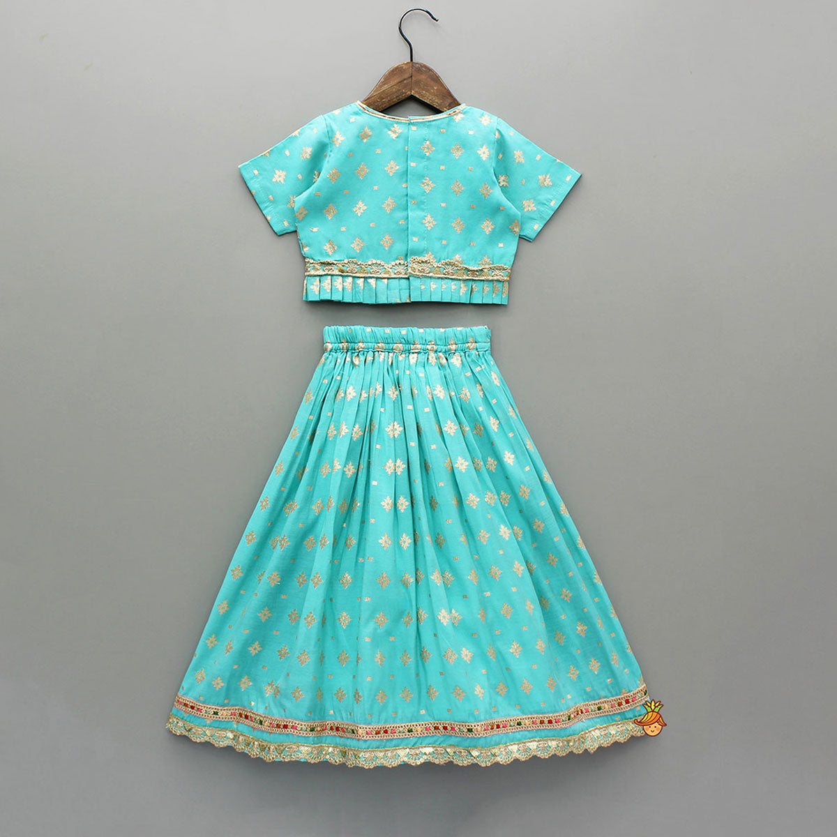 Pre Order: Chanderi Embroidered Teal Green Top And Lehenga With Contrasting Dupatta