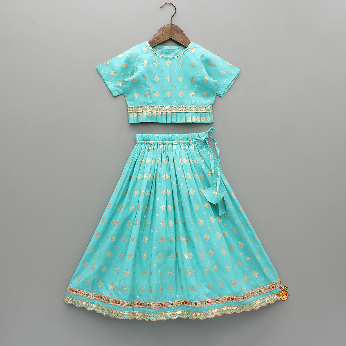 Pre Order: Chanderi Embroidered Teal Green Top And Lehenga With Contrasting Dupatta