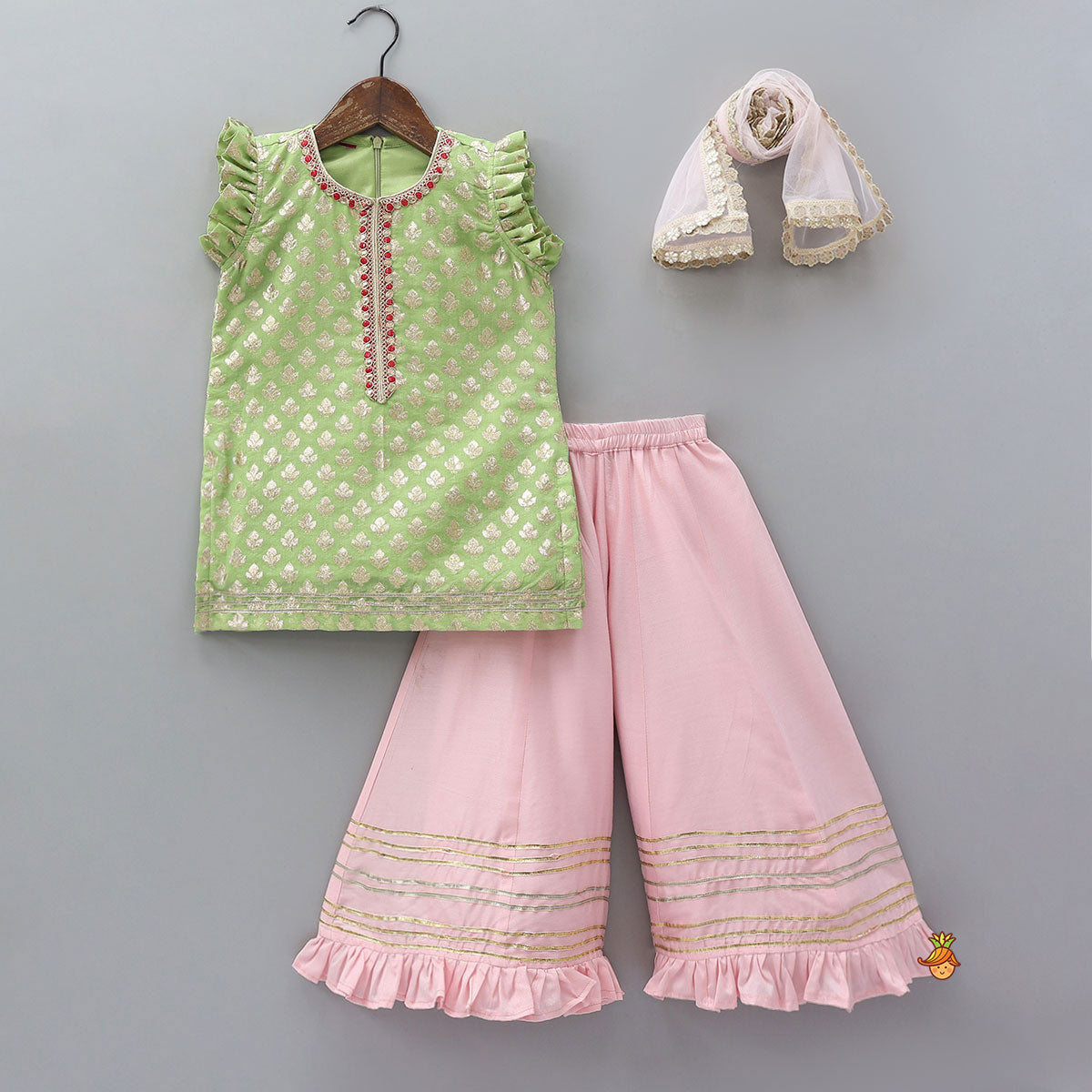 Pre Order: Elegant Chanderi Kurti And Flared Palazzo With Dupatta