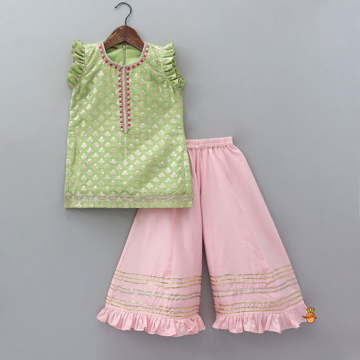 Pre Order: Elegant Chanderi Kurti And Flared Palazzo With Dupatta