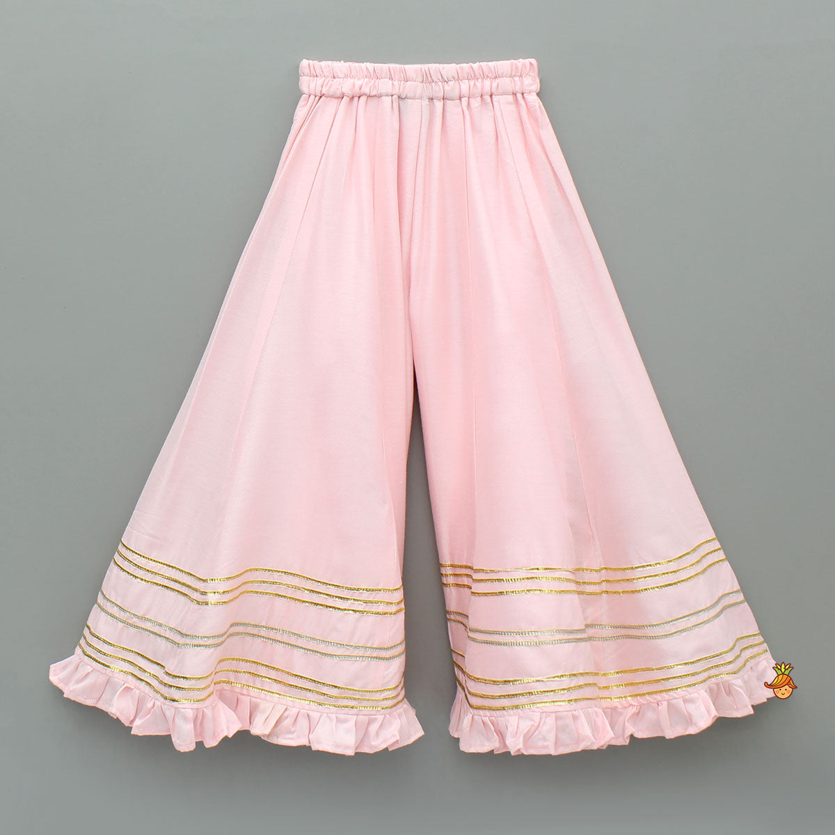 Pre Order: Chanderi Embroidered Kurti And Flared Palazzo With Light Pink Dupatta