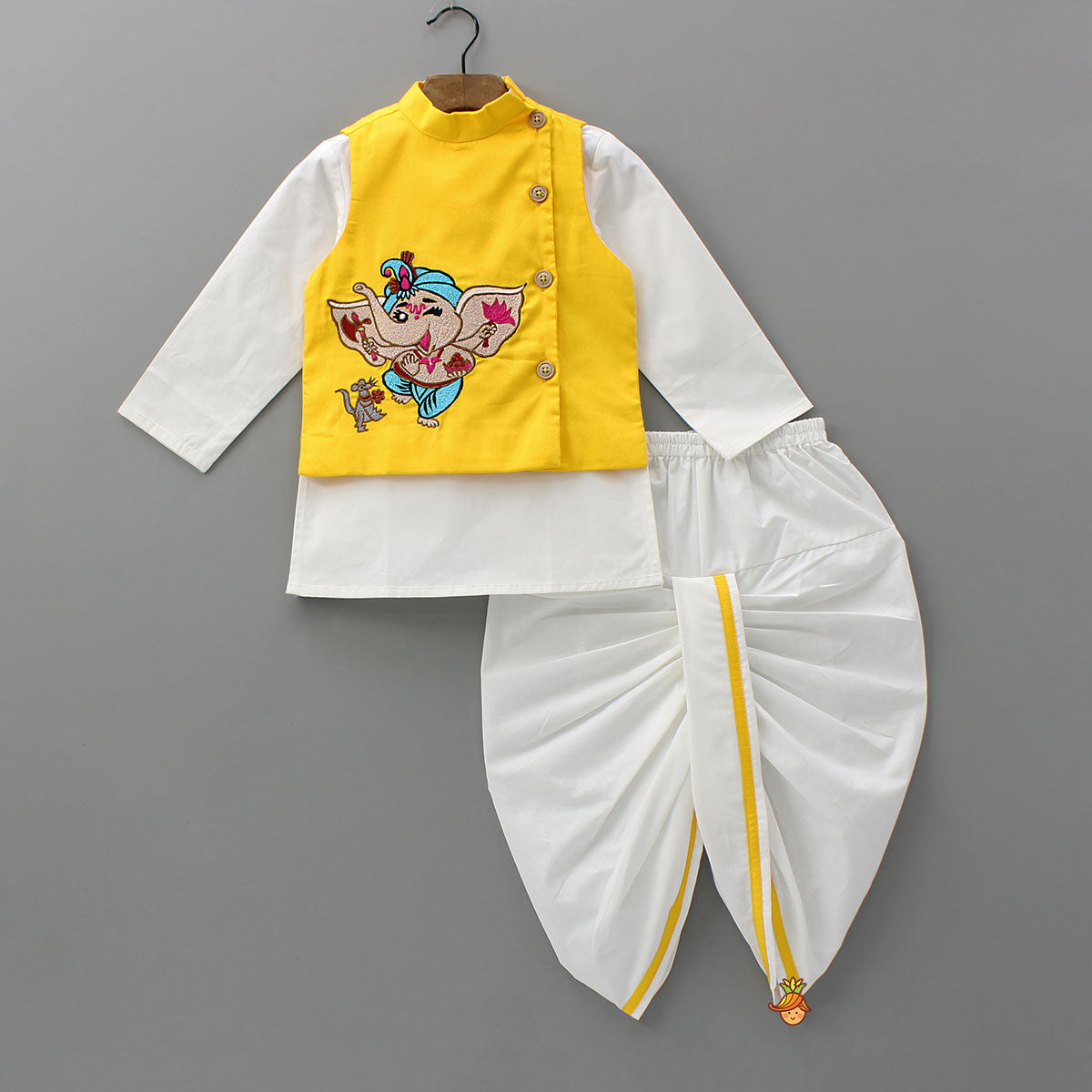 Cute Ganesh Thread Embroidered Jacket With Kurta And Dhoti