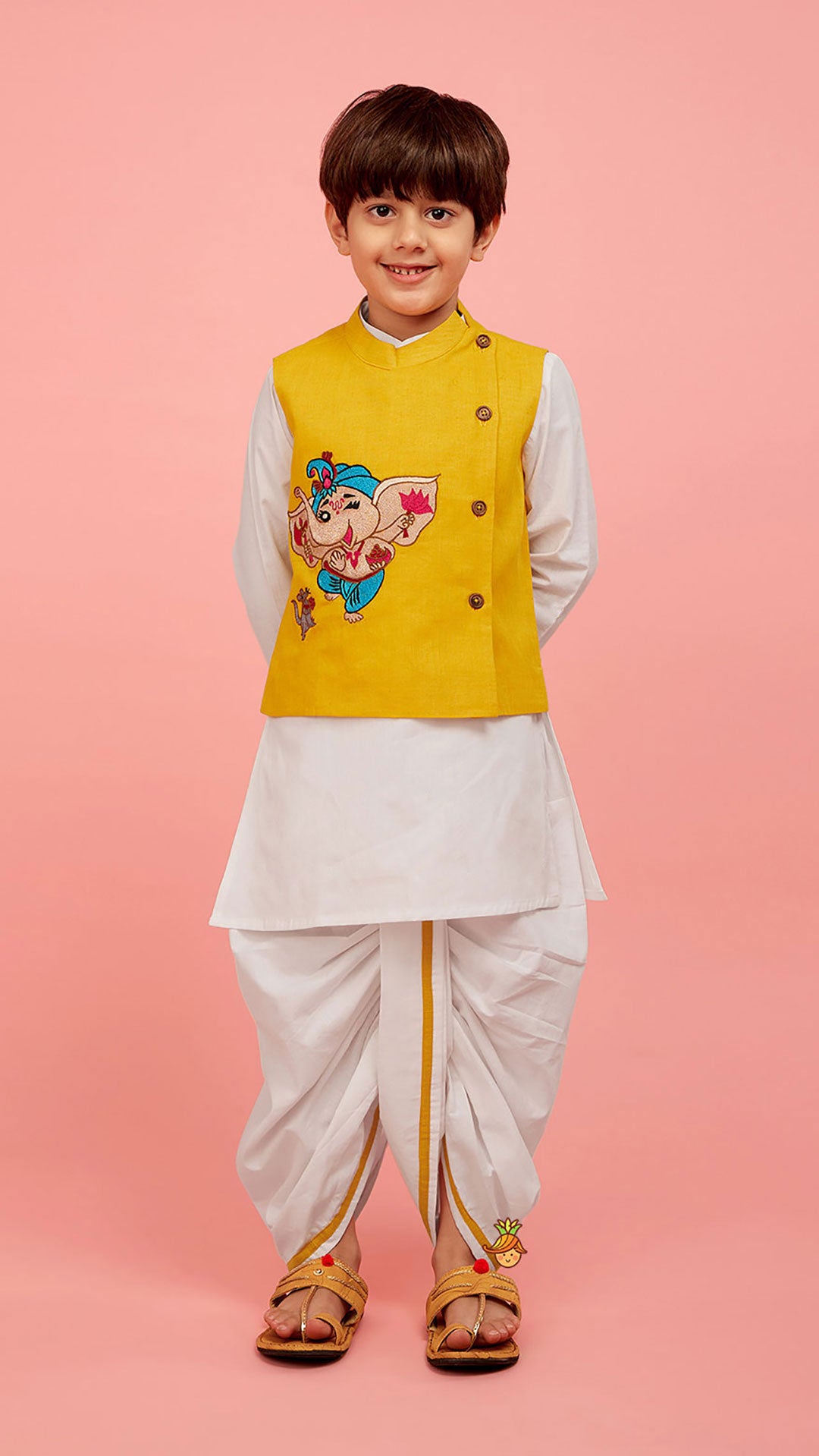 Cute Ganesh Thread Embroidered Jacket With Kurta And Dhoti