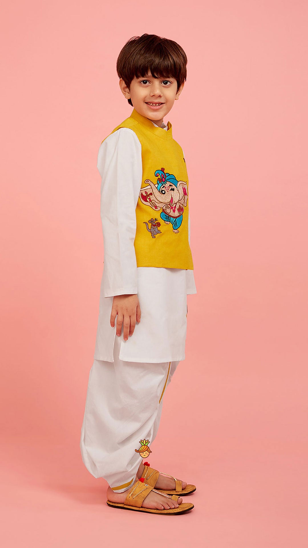 Cute Ganesh Thread Embroidered Jacket With Kurta And Dhoti