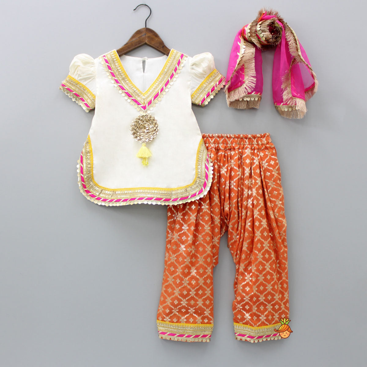 Pre Order: Gota Work Off White Top And Chanderi Embroidered Orange Patiala With Fringes Detailed Dupatta