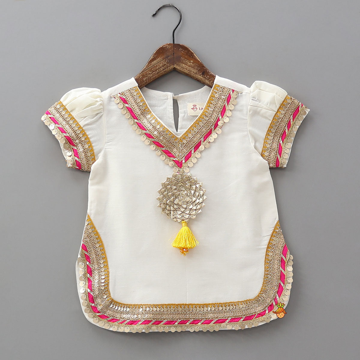 Pre Order: Gota Work Off White Top And Chanderi Embroidered Orange Patiala With Fringes Detailed Dupatta