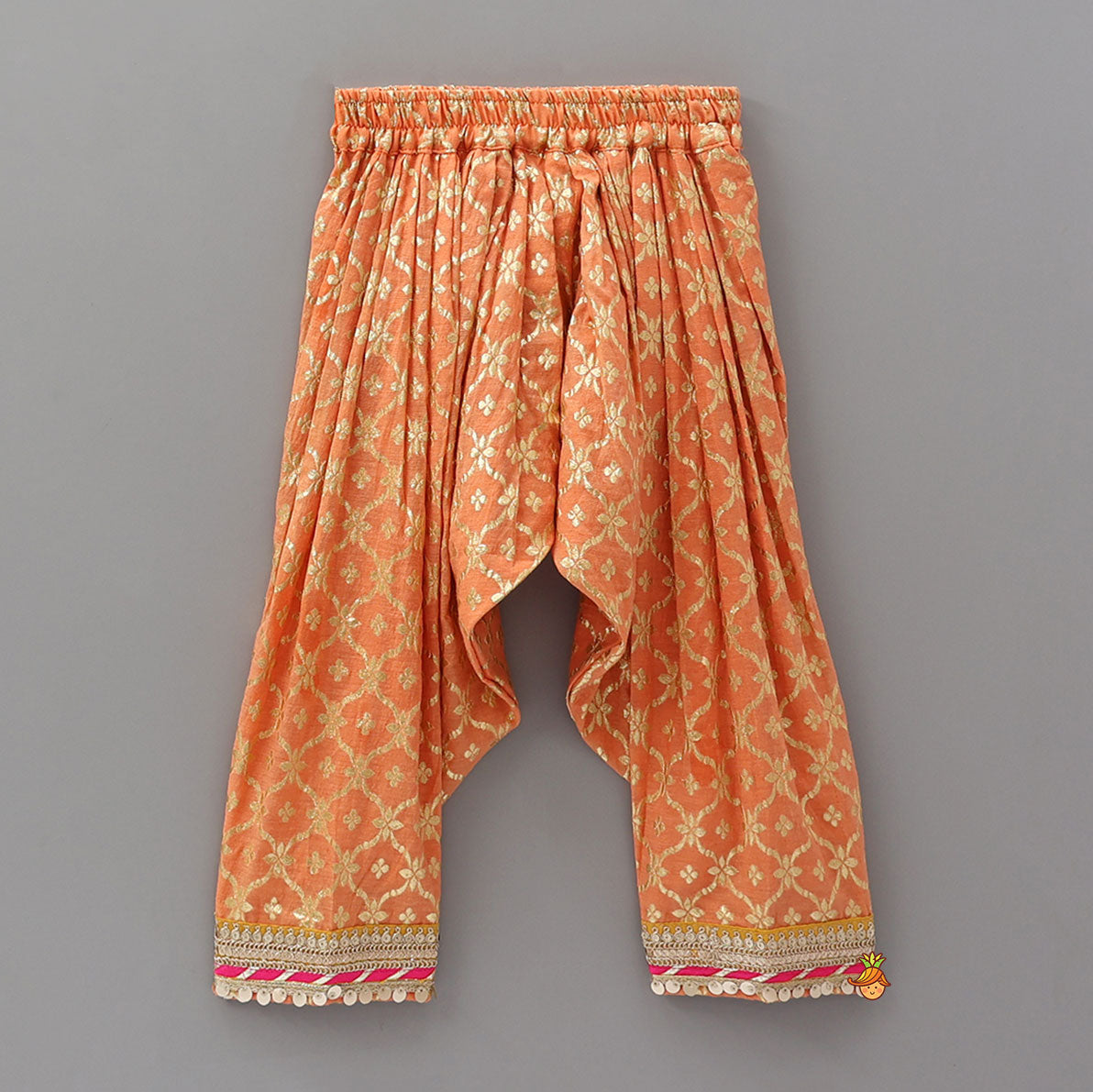 Pre Order: Gota Work Off White Top And Chanderi Embroidered Orange Patiala With Fringes Detailed Dupatta
