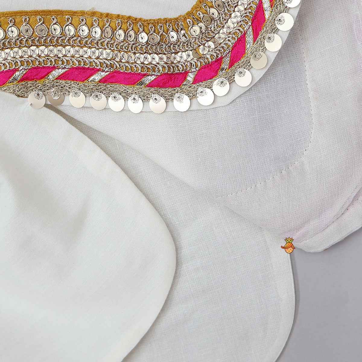 Pre Order: Gota Work Off White Top And Chanderi Embroidered Orange Patiala With Fringes Detailed Dupatta