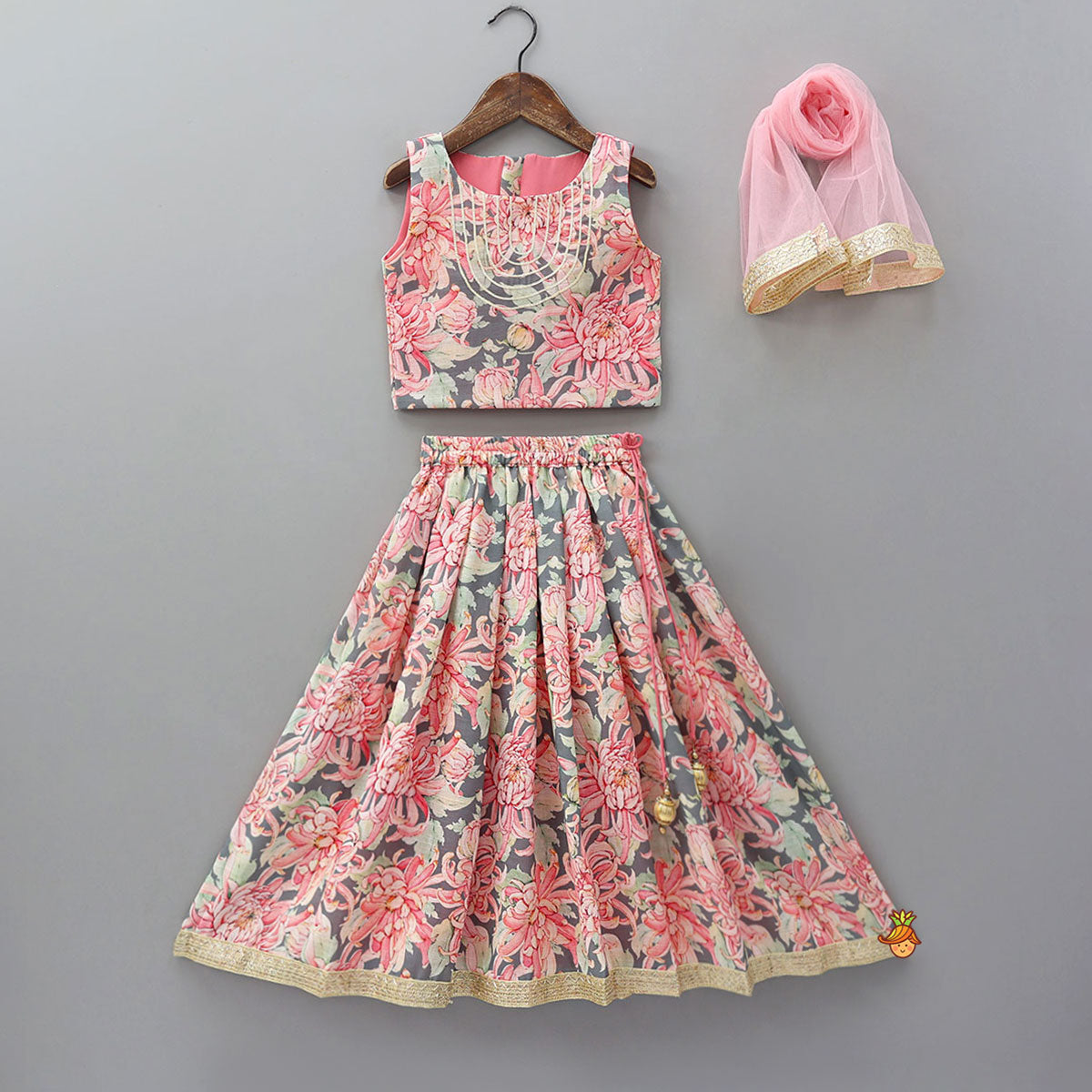 Linen Floral Top With Pleated Lehenga And Matching Net Lace Work Dupatta