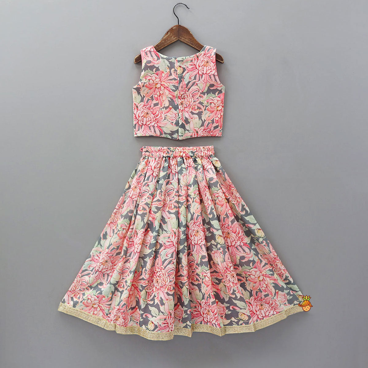 Linen Floral Top With Pleated Lehenga And Matching Net Lace Work Dupatta
