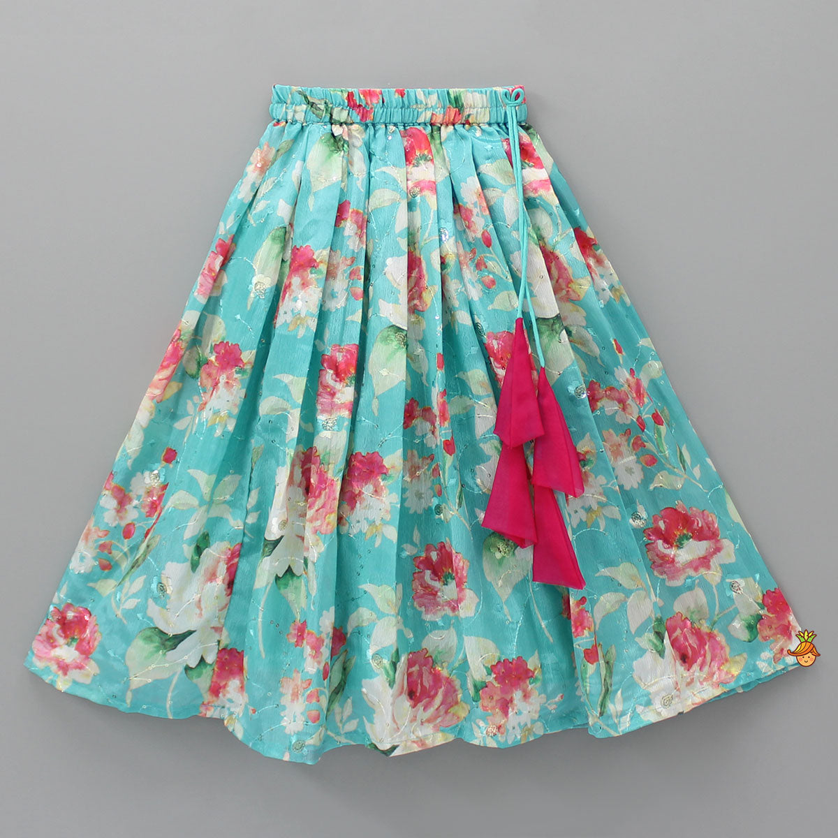 Triple Organza Layered Fuchsia Pink Flap Top And Floral Embroidered Aqua Blue Lehenga