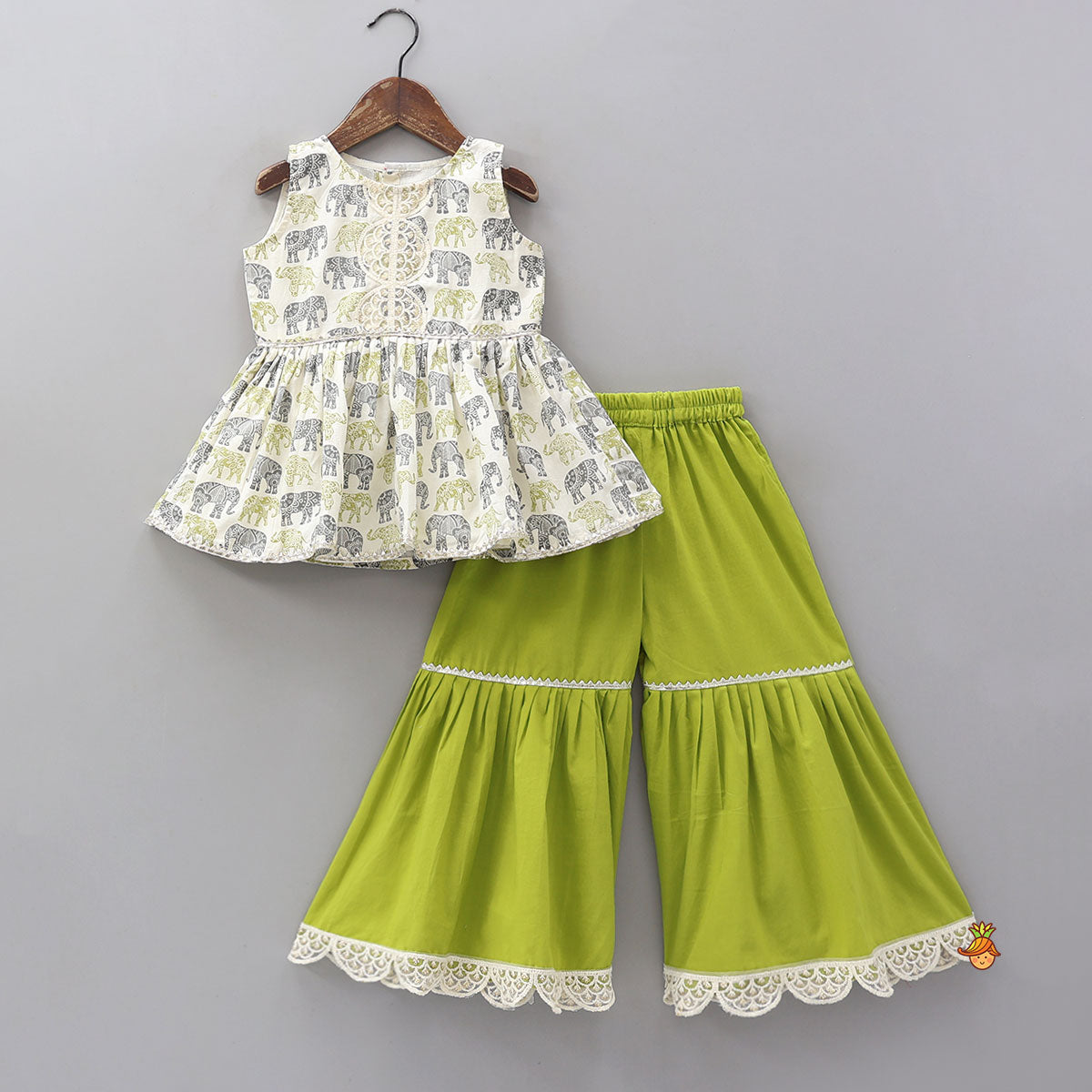 Pre Order: Elephant Hand Block Printed Kurti And Scalloped Lace Work Sharara