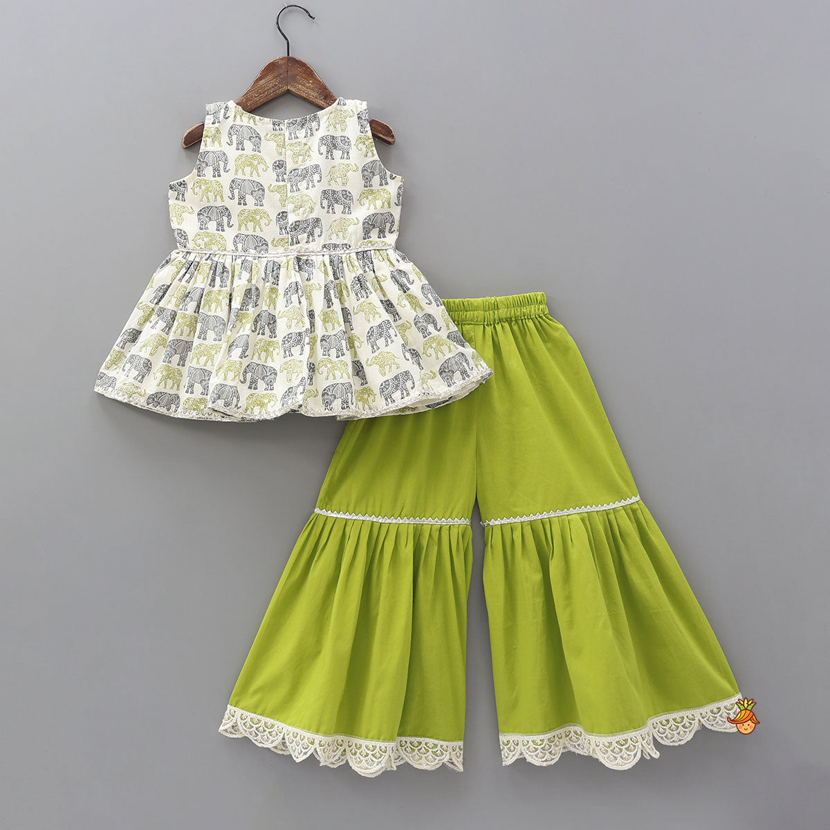 Pre Order: Elephant Hand Block Printed Kurti And Scalloped Lace Work Sharara