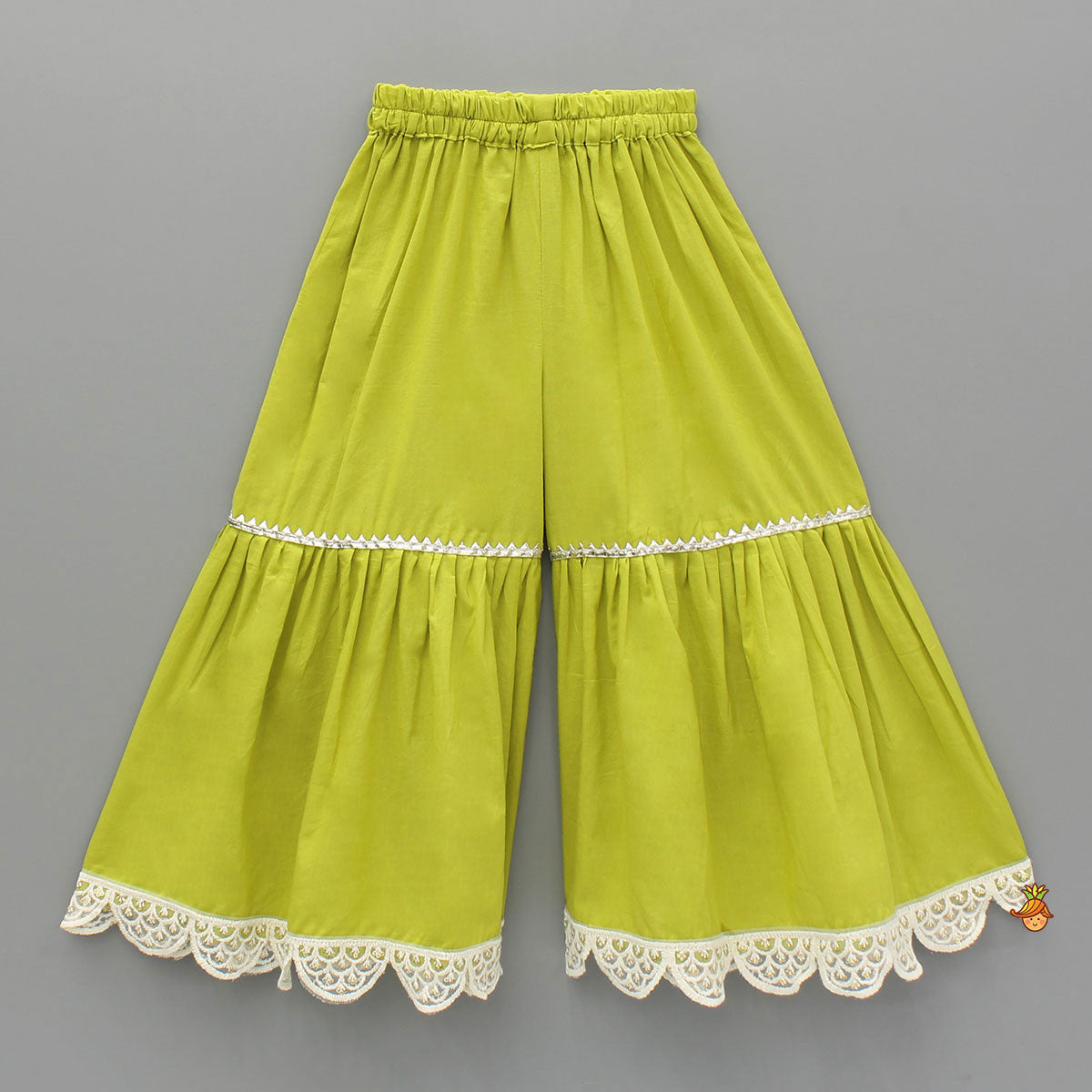Pre Order: Elephant Hand Block Printed Kurti And Scalloped Lace Work Lime Green Sharara