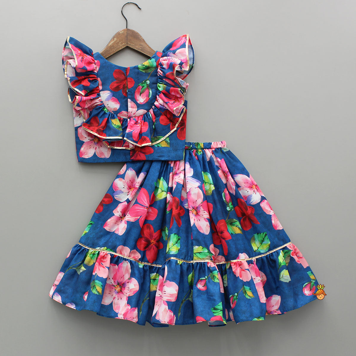Adorable Bow Enhanced Floral Printed Navy Blue Top And Lehenga