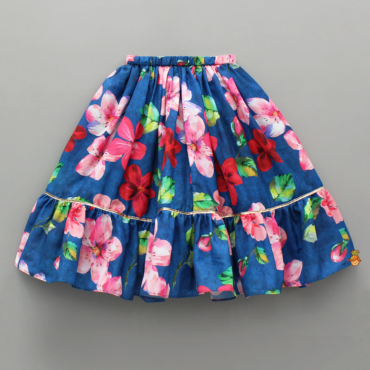 Adorable Bow Enhanced Floral Printed Navy Blue Top And Lehenga