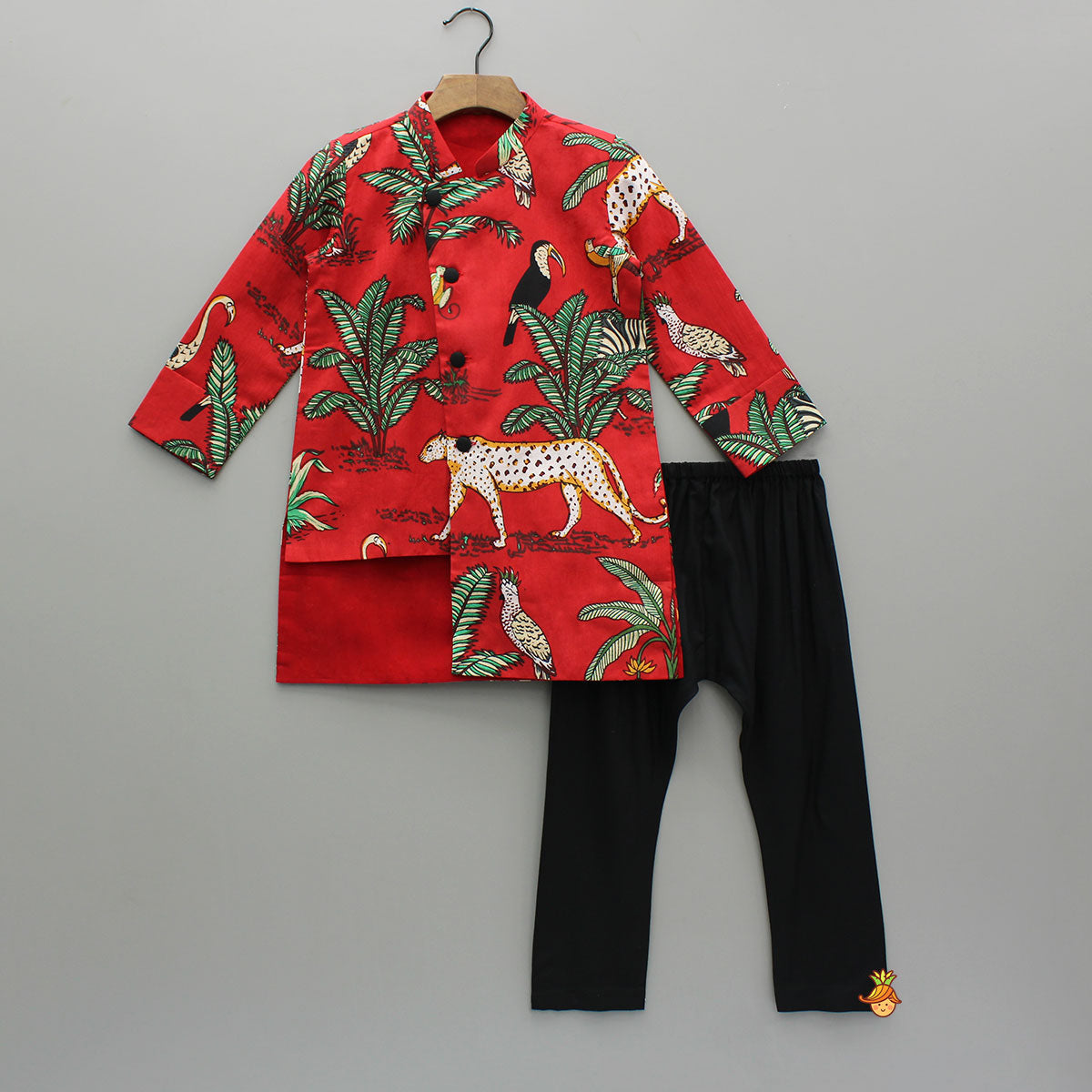 Pre Order: Crimson Red Jungle Theme Printed Asymmetric Kurta And Black Pyjama