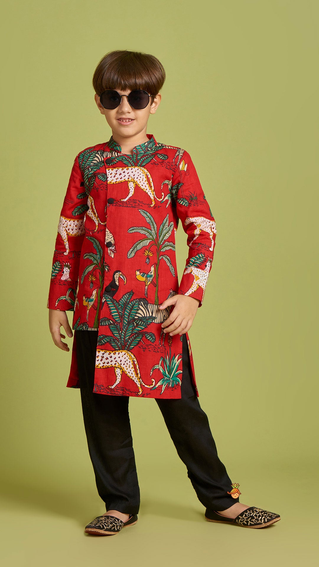 Pre Order: Crimson Red Jungle Theme Printed Asymmetric Kurta And Black Pyjama