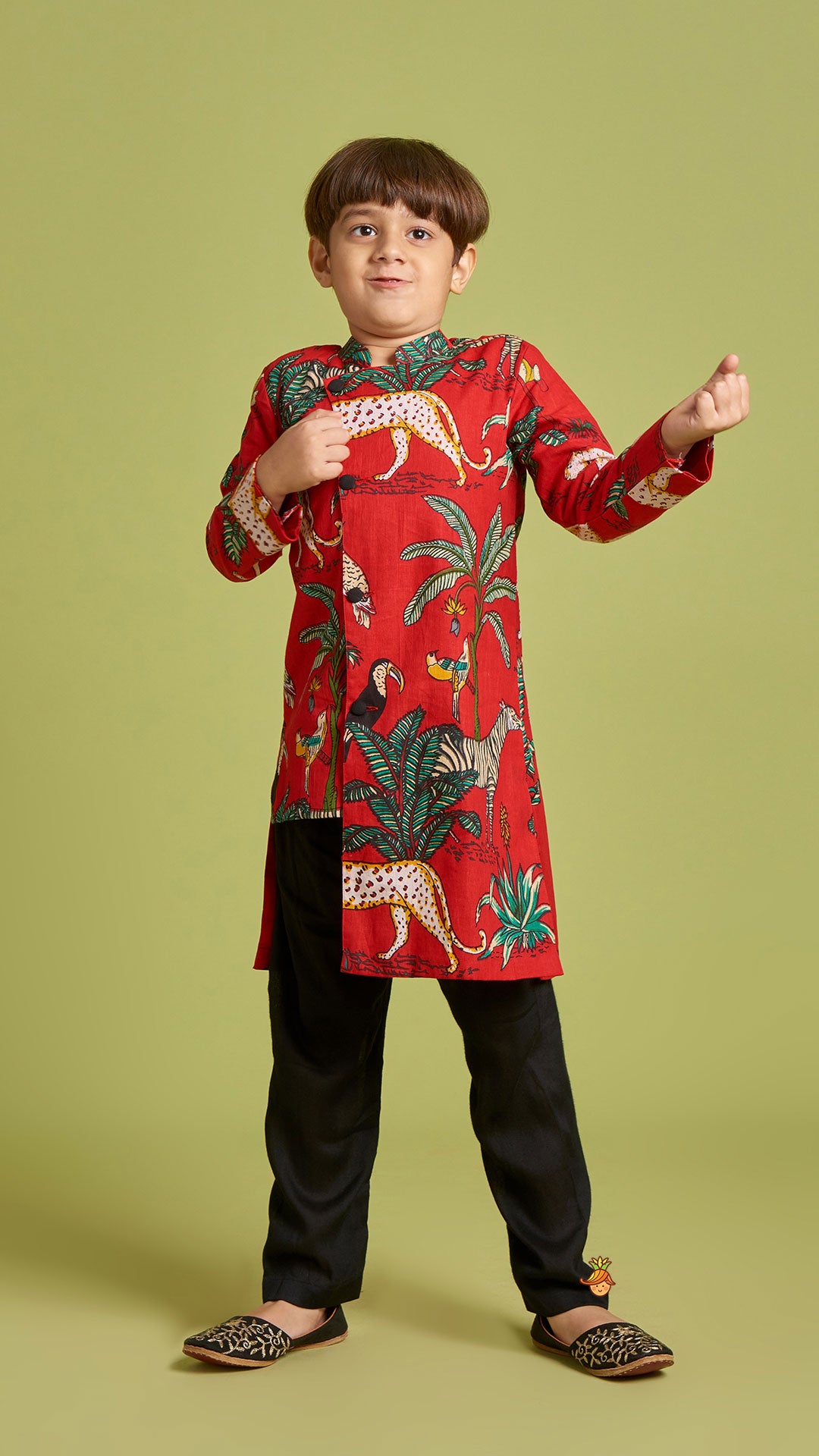 Pre Order: Crimson Red Jungle Theme Printed Asymmetric Kurta And Black Pyjama