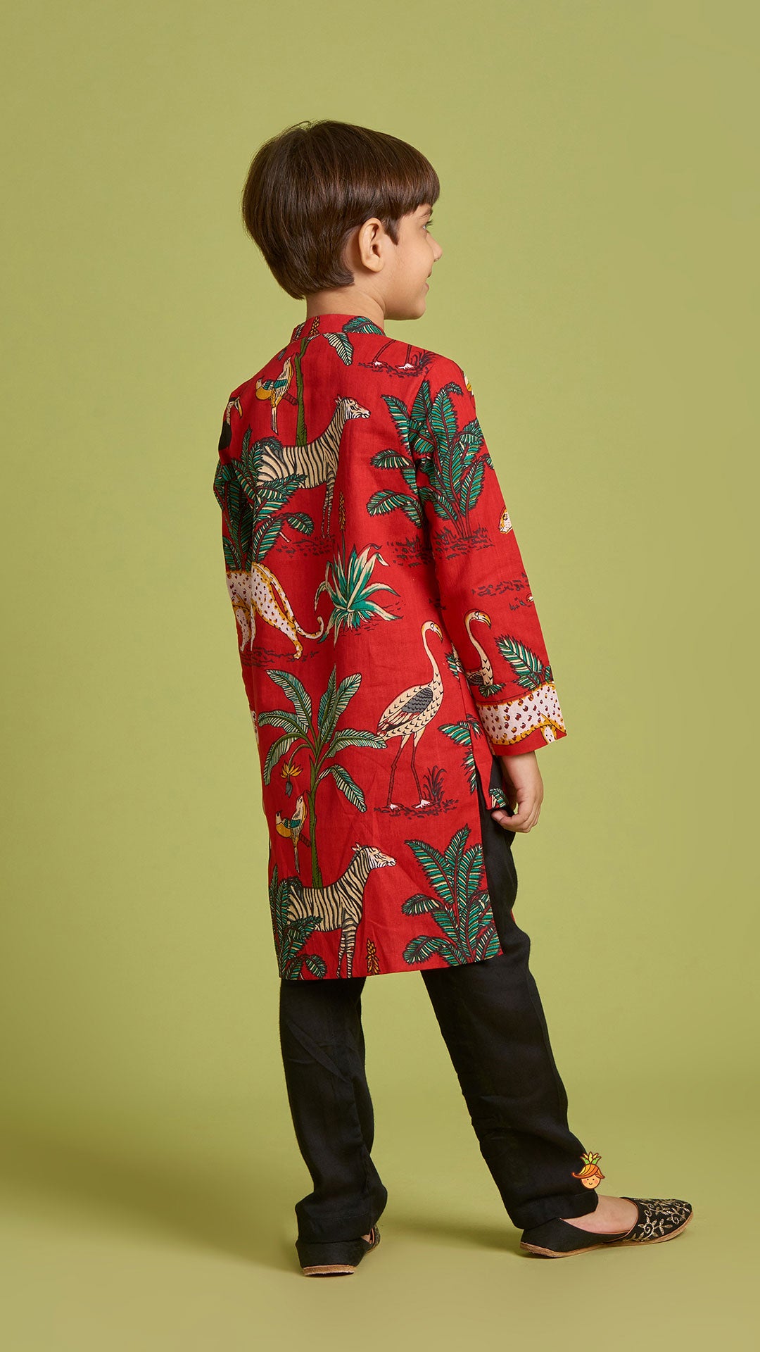 Pre Order: Crimson Red Jungle Theme Printed Asymmetric Kurta And Black Pyjama